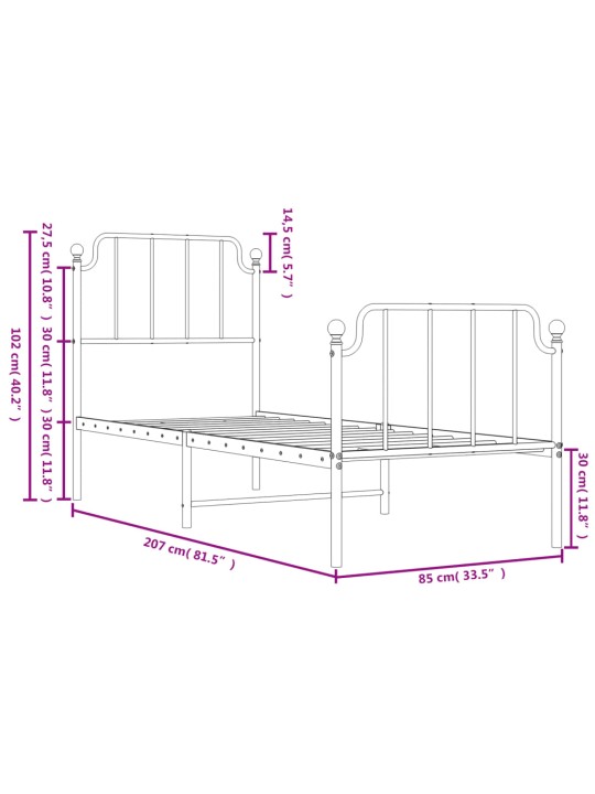 Metallinen sängynrunko päädyillä musta 80x200 cm