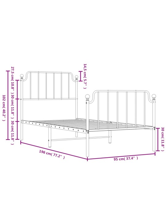 Metallinen sängynrunko päädyillä musta 90x190 cm