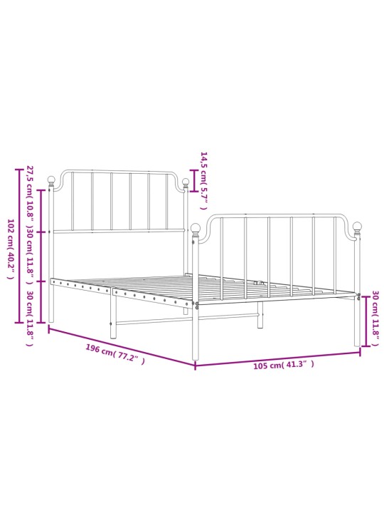 Metallinen sängynrunko päädyillä musta 100x190 cm