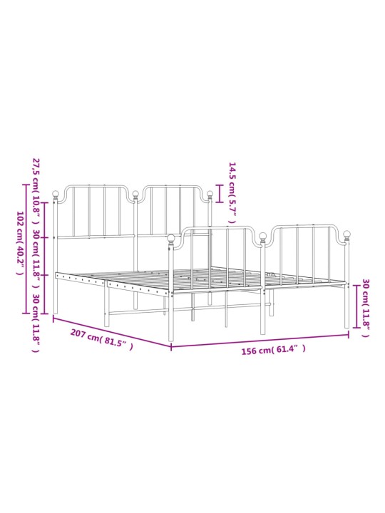 Metallinen sängynrunko päädyillä musta 150x200 cm