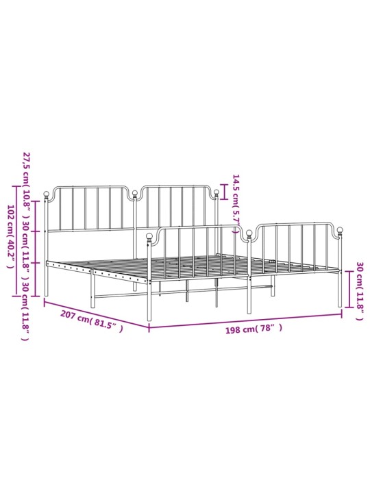 Metallinen sängynrunko päädyillä musta 193x203 cm