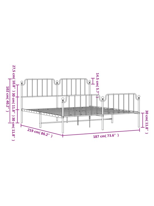 Metallinen sängynrunko päädyillä valkoinen 183x213 cm