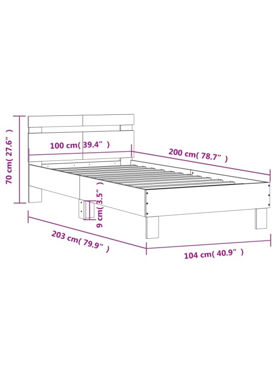 Sängynrunko päädyllä musta 100x200 cm tekninen puu