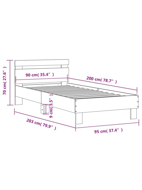 Sängynrunko päädyllä betoninharmaa 90x200 cm tekninen puu