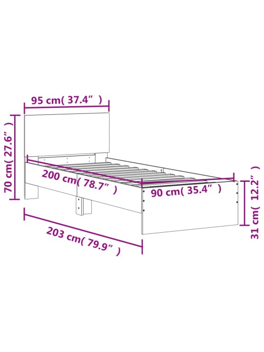 Sängynrunko päädyllä musta 90x200 cm tekninen puu