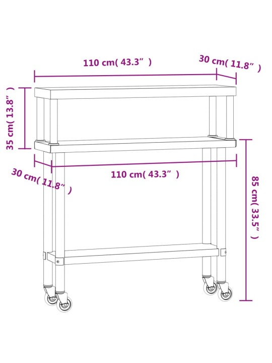 Keittiön työpöytä ylähyllyllä 110x30x120 cm ruostumaton teräs