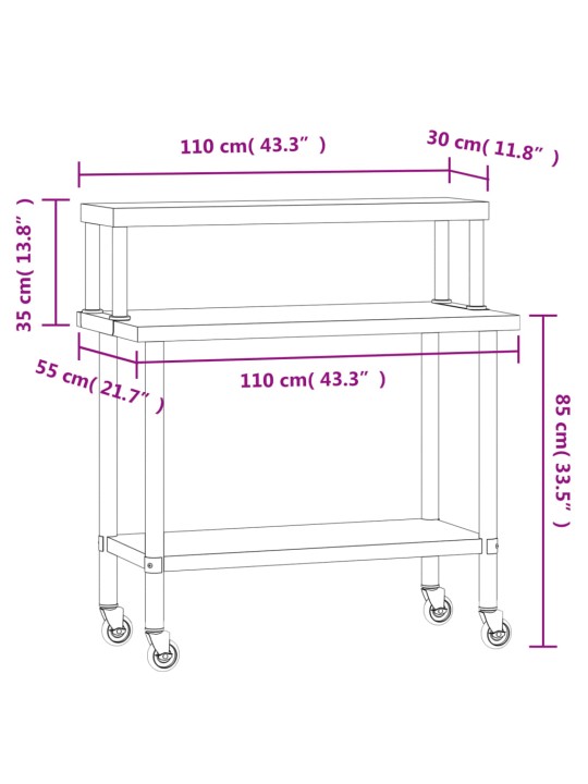 Keittiön työpöytä ylähyllyllä 110x55x120 cm ruostumaton teräs