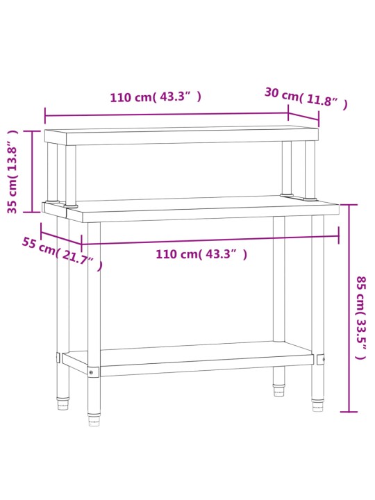 Keittiön työpöytä ylähyllyllä 110x55x120 cm ruostumaton teräs