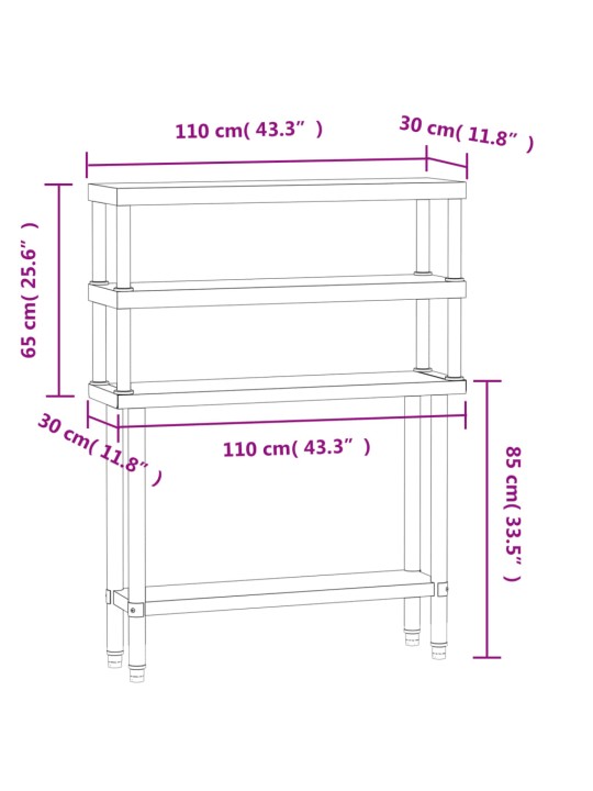 Keittiön työpöytä ylähyllyllä 110x30x150 cm ruostumaton teräs