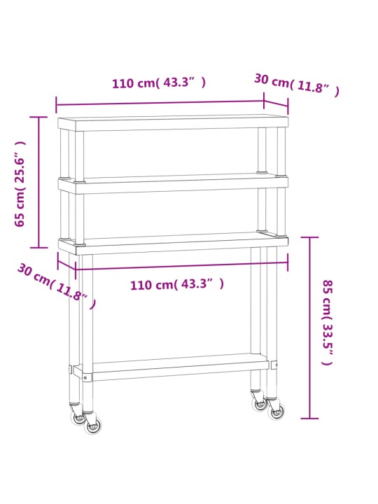Keittiön työpöytä ylähyllyllä 110x30x150 cm ruostumaton teräs