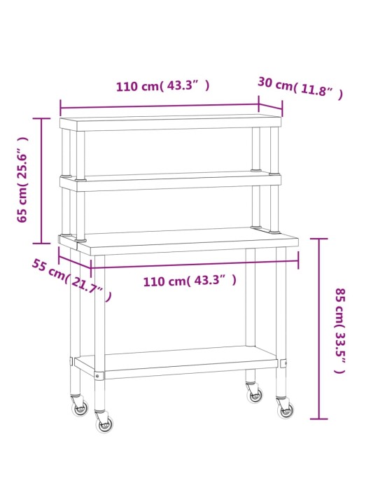 Keittiön työpöytä ylähyllyllä 110x55x150 cm ruostumaton teräs