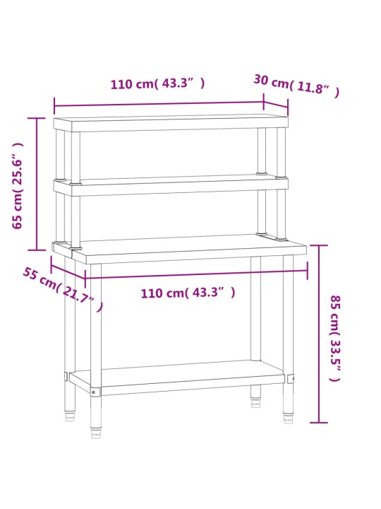 Keittiön työpöytä ylähyllyllä 110x55x150 cm ruostumaton teräs