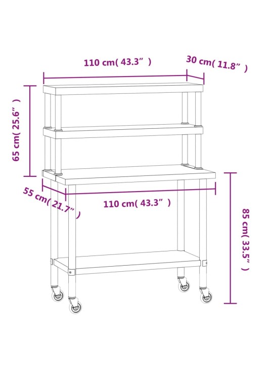 Keittiön työpöytä ylähyllyllä 110x55x150 cm ruostumaton teräs
