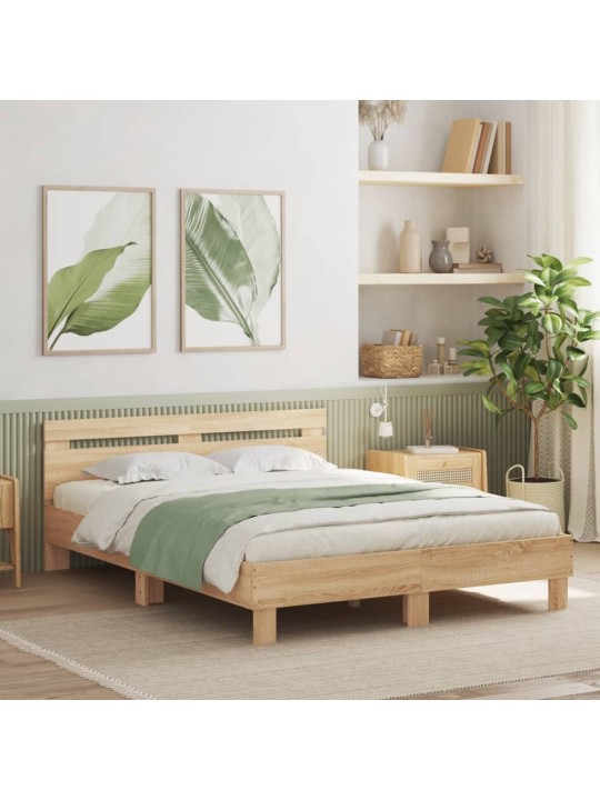 Sängynrunko päädyllä ja led-valoilla sonoma-tammi 140x190 cm
