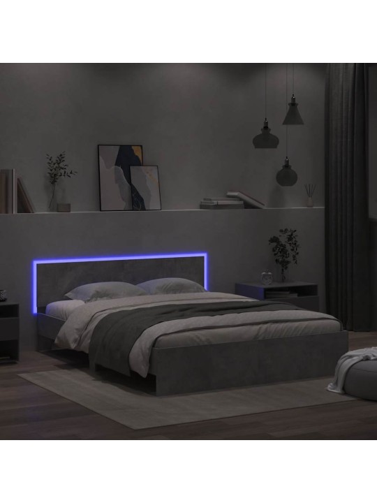 Sängynrunko päädyllä ja led-valoilla betoninharmaa 150x200 cm