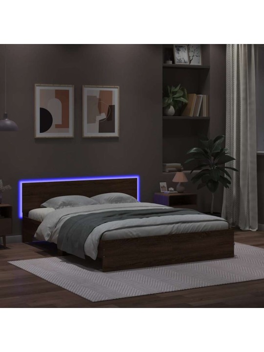 Sängynrunko päädyllä ja led-valoilla ruskea tammi 150x200 cm