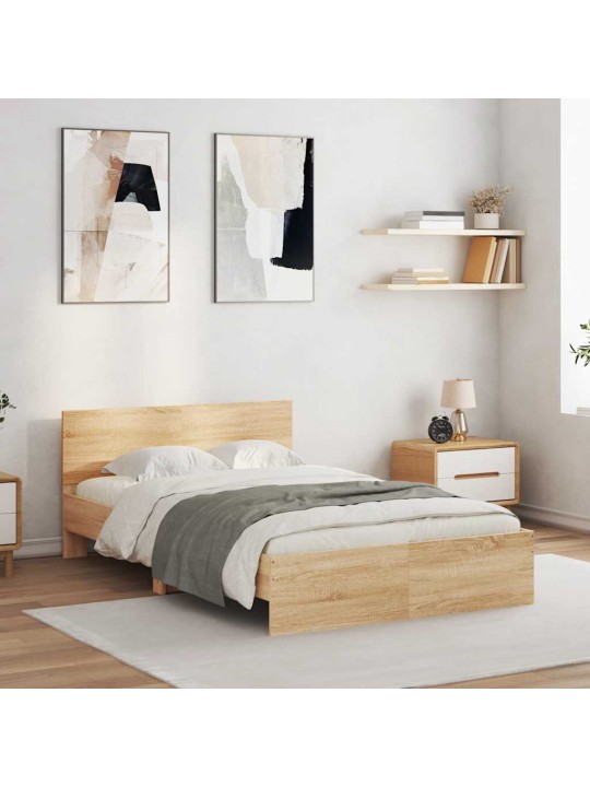 Sängynrunko päädyllä ja led-valoilla sonoma-tammi 140x200 cm