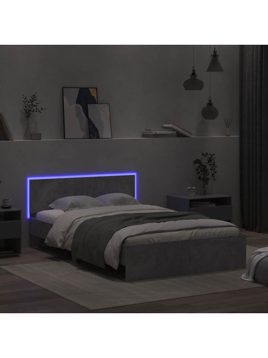 Sängynrunko päädyllä ja led-valoilla betoninharmaa 140x190 cm