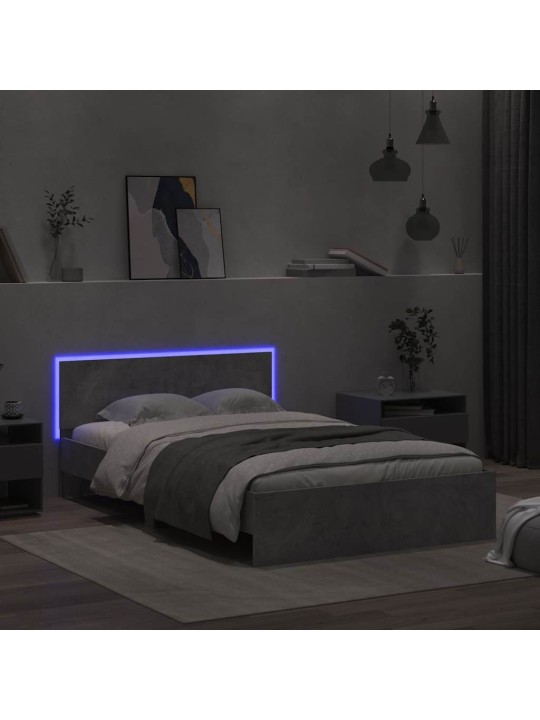 Sängynrunko päädyllä ja led-valoilla betoninharmaa 135x190 cm