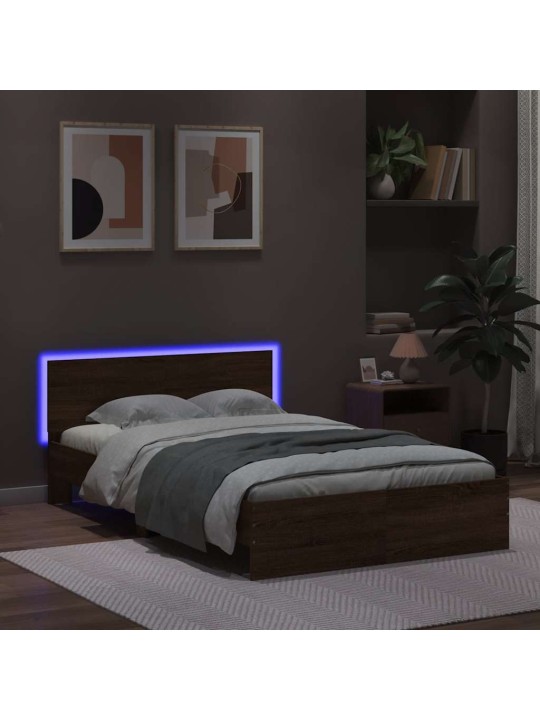 Sängynrunko päädyllä ja led-valoilla ruskea tammi 135x190 cm
