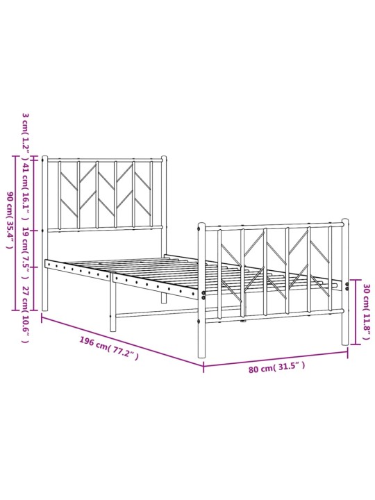 Metallinen sängynrunko päädyillä musta 75x190 cm