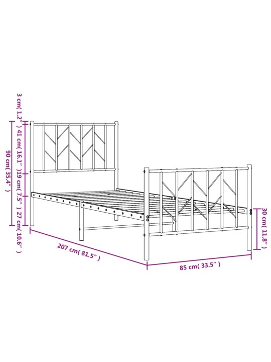 Metallinen sängynrunko päädyillä musta 80x200 cm