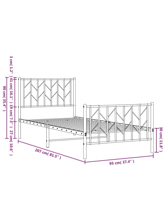 Metallinen sängynrunko päädyillä musta 90x200 cm