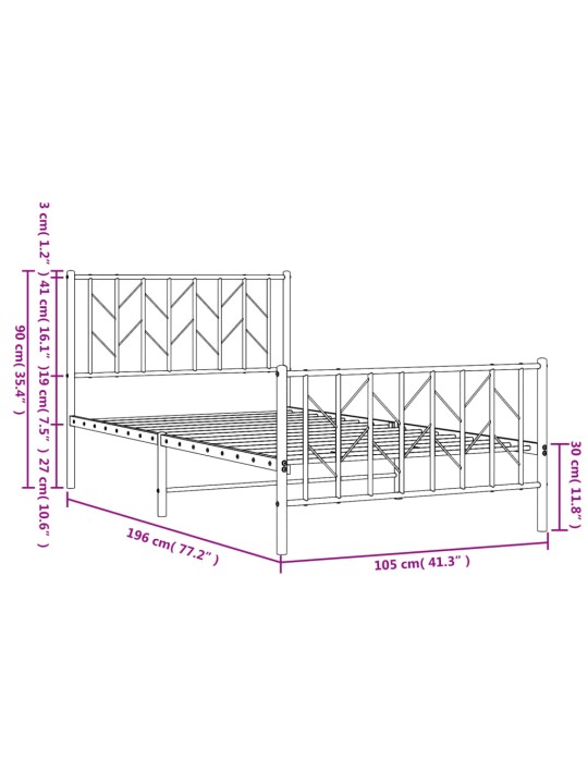 Metallinen sängynrunko päädyillä musta 100x190 cm
