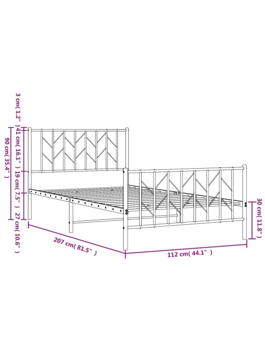 Metallinen sängynrunko päädyillä musta 107x203 cm