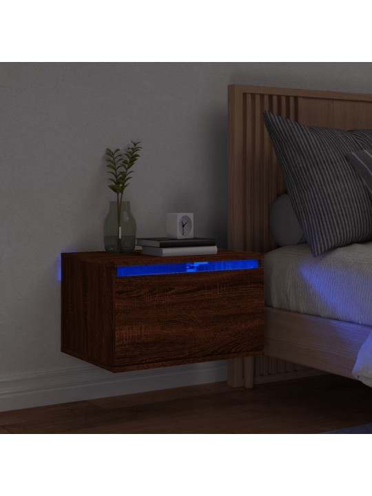 Seinäkiinnitettävä yöpöytä LED-valoilla ruskea tammi