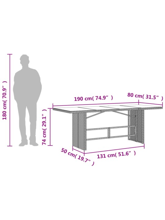Puutarhapöytä lasipöytälevy beige 190x80x74 cm polyrottinki