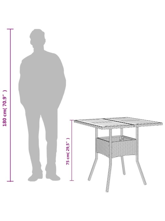 Puutarhapöytä akasiapuu ja polyrottinki musta 80x80x75 cm