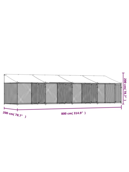 Koiranhäkki katolla ja ovilla harmaa 8x2x2 m galvanoitu teräs