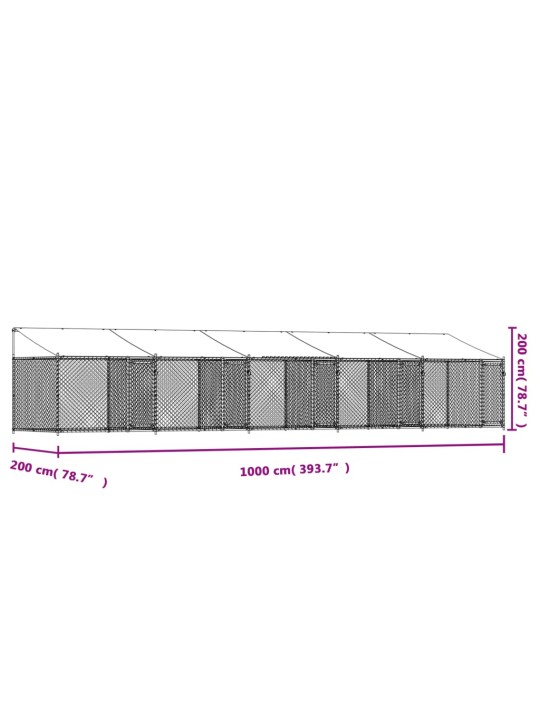 Koiranhäkki katolla ja ovilla harmaa 10x2x2 m galvanoitu teräs