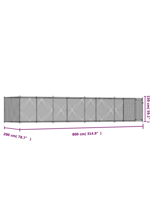 Koiranhäkki ovella harmaa 8x2x1,5 m galvanoitu teräs