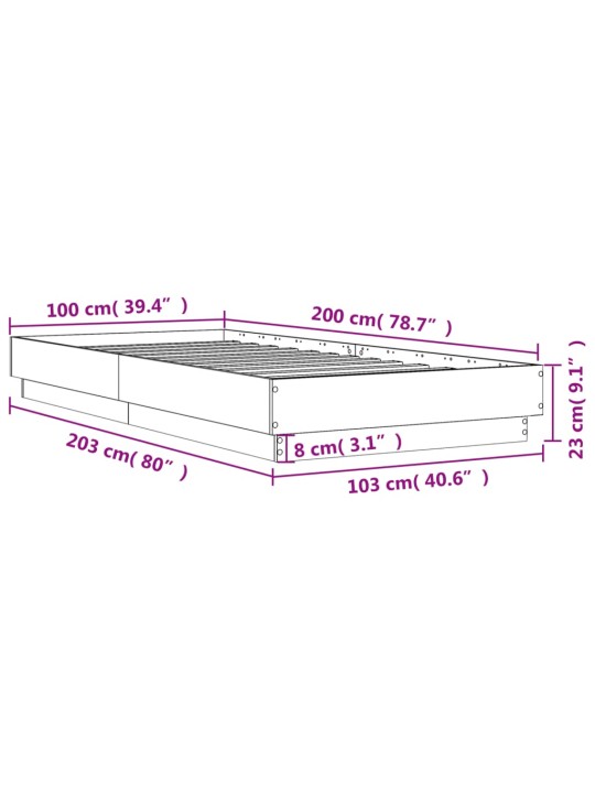 Sängynrunko betoninharmaa 100x200 cm tekninen puu