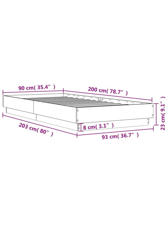 Sängynrunko betoninharmaa 90x200 cm tekninen puu