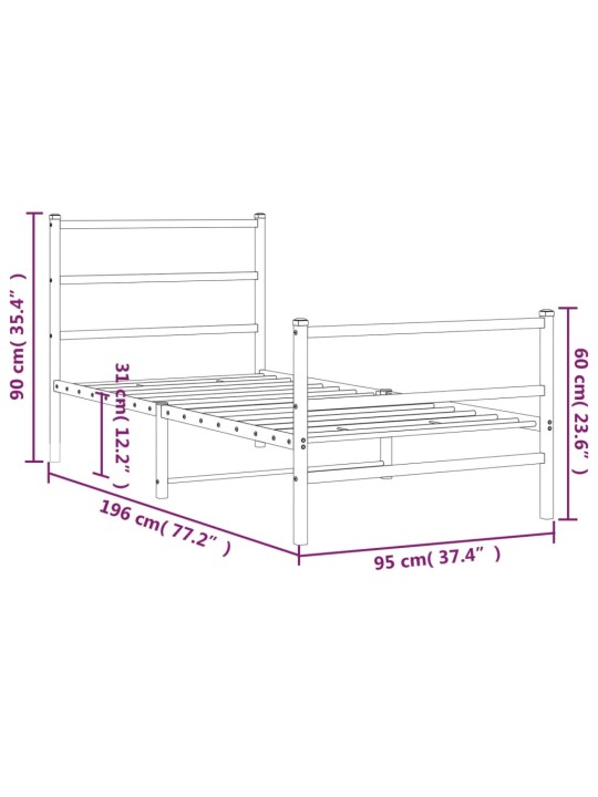 Metallinen sängynrunko päädyillä musta 90x190 cm