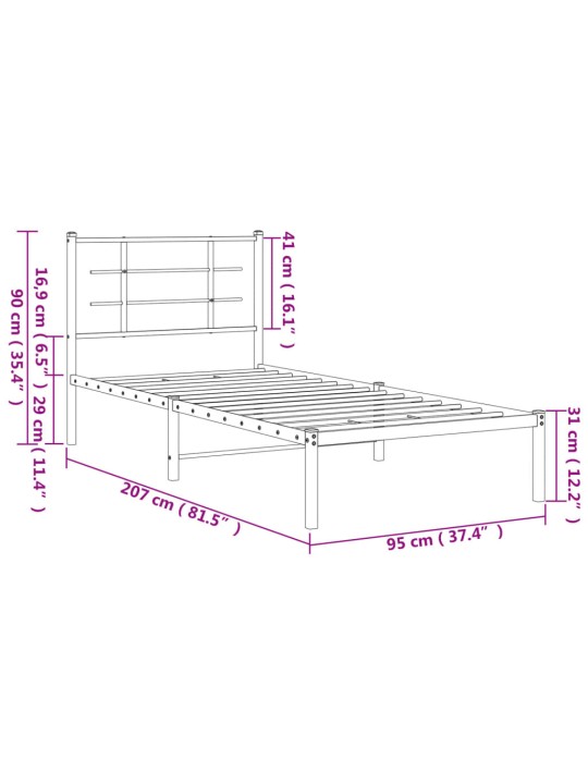 Metallinen sängynrunko päädyllä musta 90x200 cm