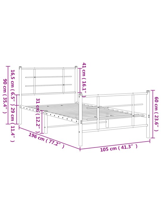 Metallinen sängynrunko päädyillä musta 100x190 cm