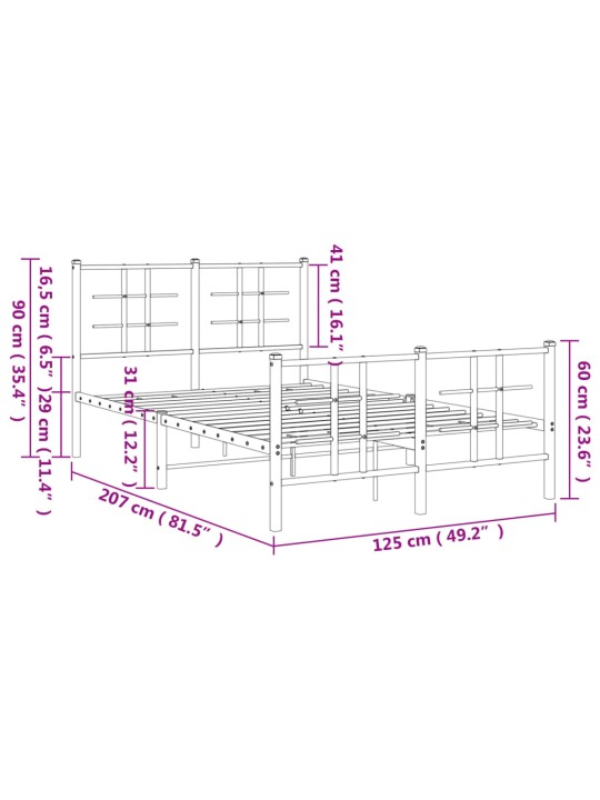 Metallinen sängynrunko päädyillä musta 120x200 cm