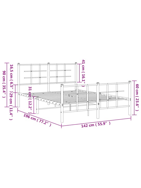 Metallinen sängynrunko päädyillä musta 135x190 cm