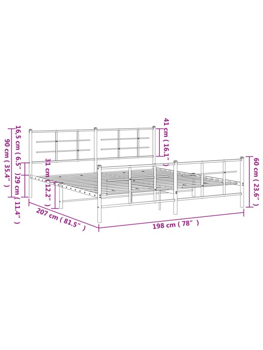 Metallinen sängynrunko päädyillä musta 193x203 cm