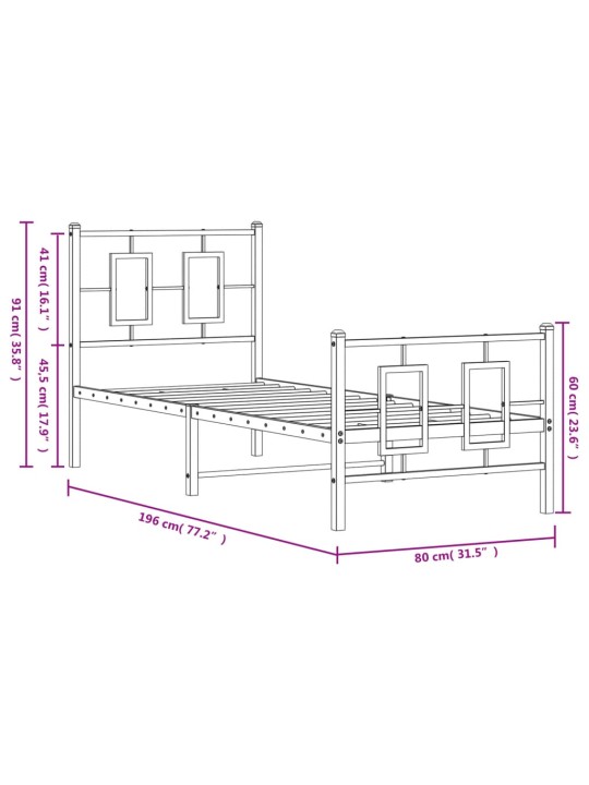 Metallinen sängynrunko päädyillä musta 75x190 cm