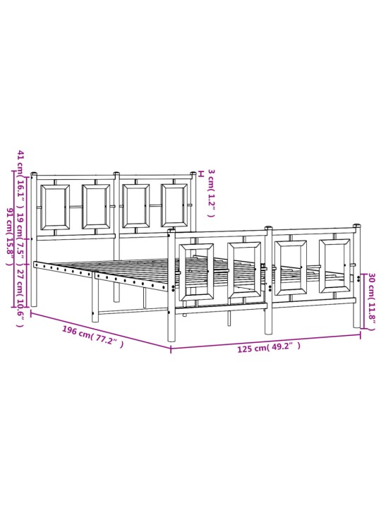 Metallinen sängynrunko päädyillä musta 120x190 cm
