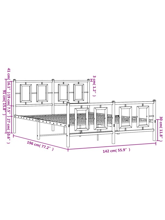 Metallinen sängynrunko päädyillä musta 135x190 cm