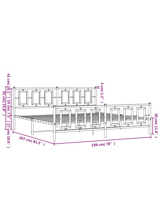 Metallinen sängynrunko päädyillä musta 193x203 cm