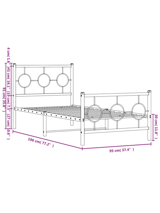 Metallinen sängynrunko päädyillä musta 90x190 cm