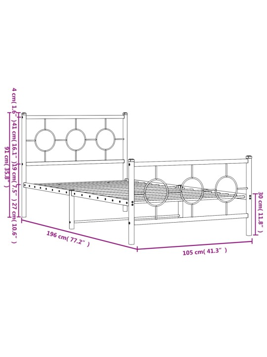 Metallinen sängynrunko päädyillä musta 100x190 cm