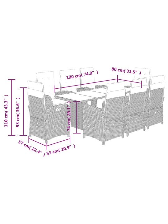 9-osainen ulkoruokailuryhmä tyynyillä beige polyrottinki